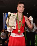 21 January 2023; Davey Joyce of Holy Family Drogheda Boxing Club, Louth, with his trophy after his victory over Jason Nevin of Olympic Boxing Club, Westmeath, in their lightweight 60kg final bout at the IABA National Elite Boxing Championships Finals at the National Boxing Stadium in Dublin. Photo by Seb Daly/Sportsfile