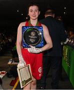 21 January 2023; Nicole Buckley of St Carthages Boxing Club, Offaly, with her trophy after winning the minimumweight 48kg final bout at the IABA National Elite Boxing Championships Finals at the National Boxing Stadium in Dublin. Photo by Seb Daly/Sportsfile