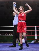 21 January 2023; Nicole Buckley of St Carthages Boxing Club, Offaly, celebrates her victory over Ciara Walsh of Smithfield Boxing Club, Dublin, during their minimumweight 48kg final bout at the IABA National Elite Boxing Championships Finals at the National Boxing Stadium in Dublin. Photo by Seb Daly/Sportsfile