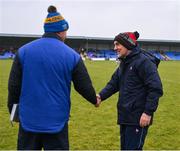21 January 2023; The Louth manager Mickey Harte, right, congratulates the Longford manager Paddy Christie after the O'Byrne Cup Final match between Longford and Louth at Glennon Brothers Pearse Park in Longford. Photo by Ray McManus/Sportsfile