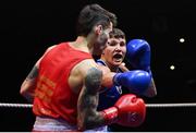 21 January 2023; Dylan Eagleson of St Paul's ABC, Antrim, right, and Jorge Rogla Castano of Corinthians Boxing Club, Dublin, during their bantamweight 54kg final bout at the IABA National Elite Boxing Championships Finals at the National Boxing Stadium in Dublin. Photo by Seb Daly/Sportsfile