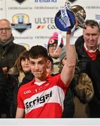 21 January 2023; Shane McGuigan of Derry holds a loft the Dr McKenna cup after the Bank of Ireland Dr McKenna Cup Final match between Derry and Tyrone at Athletic Grounds in Armagh. Photo by Oliver McVeigh/Sportsfile