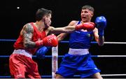 21 January 2023; Jorge Rogla Castano of Corinthians Boxing Club, Dublin, left, and Dylan Eagleson of St Paul's ABC, Antrim, during their bantamweight 54kg final bout at the IABA National Elite Boxing Championships Finals at the National Boxing Stadium in Dublin. Photo by Seb Daly/Sportsfile  Photo by Seb Daly/Sportsfile
