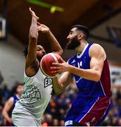 21 January 2023; Rodrigo Gomez of University of Galway Maree in action against Joshua Wilson of DBS Éanna during the Basketball Ireland Pat Duffy National Cup Final match between DBS Éanna and University of Galway Maree at National Basketball Arena in Tallaght, Dublin. Photo by Ben McShane/Sportsfile