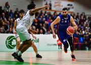 21 January 2023; Rodrigo Gomez of University of Galway Maree in action against Joshua Wilson of DBS Éanna during the Basketball Ireland Pat Duffy National Cup Final match between DBS Éanna and University of Galway Maree at National Basketball Arena in Tallaght, Dublin. Photo by Ben McShane/Sportsfile