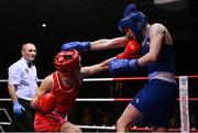 21 January 2023; Kellie Harrington of St Mary’s Boxing Club, Dublin, left, and Zara Breslin of Tramore Boxing Club, Waterford, during their lightweight 60kg final bout at the IABA National Elite Boxing Championships Finals at the National Boxing Stadium in Dublin. Photo by Seb Daly/Sportsfile
