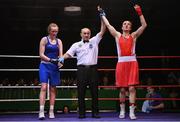 21 January 2023; Kellie Harrington of St Mary’s Boxing Club, Dublin, right, celebrates victory over Zara Breslin of Tramore Boxing Club, Waterford, after their lightweight 60kg final bout at the IABA National Elite Boxing Championships Finals at the National Boxing Stadium in Dublin. Photo by Seb Daly/Sportsfile