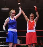 21 January 2023; Kellie Harrington of St Mary’s Boxing Club, Dublin, right, celebrates victory over Zara Breslin of Tramore Boxing Club, Waterford, after their lightweight 60kg final bout at the IABA National Elite Boxing Championships Finals at the National Boxing Stadium in Dublin. Photo by Seb Daly/Sportsfile