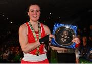 21 January 2023; Kellie Harrington of St Mary’s Boxing Club, Dublin, celebrates with her trophy after victory over Zara Breslin of Tramore Boxing Club, Waterford, after their lightweight 60kg final bout at the IABA National Elite Boxing Championships Finals at the National Boxing Stadium in Dublin. Photo by Seb Daly/Sportsfile