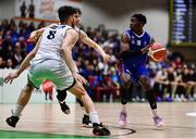 21 January 2023; Jarett Haines of University of Galway Maree in action against Stefan Desnica, 8, and Alex Dolenko of DBS Éanna during the Basketball Ireland Pat Duffy National Cup Final match between DBS Éanna and University of Galway Maree at National Basketball Arena in Tallaght, Dublin. Photo by Ben McShane/Sportsfile