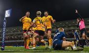 21 January 2023; Rob Lyttle of Ulster celebrates with teammates Duane Vermeulen, left, and Jacob Stockdale, right, after scoring their side's first try during the Heineken Champions Cup Pool B Round 4 match between Ulster and Sale Sharks at Kingspan Stadium in Belfast. Photo by Ramsey Cardy/Sportsfile