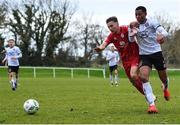 21 January 2023; John Ross Wilson of Shelbourne in action against Nickson Okosun of Bohemians during the Pre-Season Friendly match between Shelbourne and Bohemians at AUL Complex in Clonshaugh, Dublin. Photo by Tyler Miller/Sportsfile