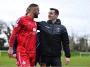 21 January 2023; Paddy Barrett of Shelbourne, left, and Dylan Connolly of Bohemians embrace after the Pre-Season Friendly match between Shelbourne and Bohemians at AUL Complex in Clonshaugh, Dublin. Photo by Tyler Miller/Sportsfile