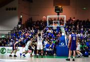 21 January 2023; Joshua Wilson of DBS Éanna takes a freethrow  during the Basketball Ireland Pat Duffy National Cup Final match between DBS Éanna and University of Galway Maree at National Basketball Arena in Tallaght, Dublin. Photo by Ben McShane/Sportsfile