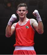 21 January 2023; Eugene McKeever of Holy Family Drogheda Boxing Club, Louth, celebrates victory over Ryan McCarthy of Fr Horgan's Boxing Club, Cork, during their welterweight 67kg final bout at the IABA National Elite Boxing Championships Finals at the National Boxing Stadium in Dublin. Photo by Seb Daly/Sportsfile