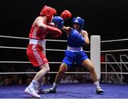 21 January 2023; Daina Moorehouse of Enniskerry Boxing Club, Wicklow, right, and Caitlin Fryers of Immaculata ABC, Belfast, during their light flyweight 50kg final bout at the IABA National Elite Boxing Championships Finals at the National Boxing Stadium in Dublin. Photo by Seb Daly/Sportsfile