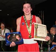 21 January 2023; Aoife O’Rourke of Olympic Boxing Club, Galway, celebrats with her trophy after victory over Aoibhe Carabine of Geesala Boxing Club, Mayo, during their middleweight 75kg final bout at the IABA National Elite Boxing Championships Finals at the National Boxing Stadium in Dublin. Photo by Seb Daly/Sportsfile
