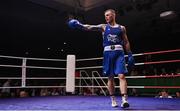21 January 2023;  Dean Walsh of St Ibars/St Josephs Boxing Club, Wexford, celebrates victory in his light middleweight 71kg final bout at the IABA National Elite Boxing Championships Finals at the National Boxing Stadium in Dublin. Photo by Seb Daly/Sportsfile