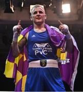 21 January 2023;  Dean Walsh of St Ibars/St Josephs Boxing Club, Wexford, celebrates victory in his light middleweight 71kg final bout at the IABA National Elite Boxing Championships Finals at the National Boxing Stadium in Dublin. Photo by Seb Daly/Sportsfile