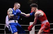 21 January 2023; Dean Walsh of St Ibars/St Josephs Boxing Club, Wexford, left, and Jon McConnell of Holy Trinity Boxing Club, Belfast, during their light middleweight 71kg final bout at the IABA National Elite Boxing Championships Finals at the National Boxing Stadium in Dublin. Photo by Seb Daly/Sportsfile