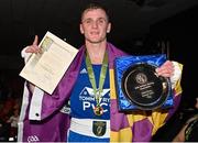 21 January 2023; Dean Walsh of St Ibars/St Josephs Boxing Club, Wexford, celebrates with his trophy after victory over Jon McConnell of Holy Trinity Boxing Club, Belfast, in their light middleweight 71kg final bout at the IABA National Elite Boxing Championships Finals at the National Boxing Stadium in Dublin. Photo by Seb Daly/Sportsfile