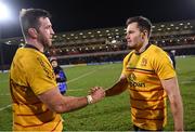 21 January 2023; Alan O'Connor, left, and Jacob Stockdale of Ulster after the Heineken Champions Cup Pool B Round 4 match between Ulster and Sale Sharks at Kingspan Stadium in Belfast. Photo by Ramsey Cardy/Sportsfile