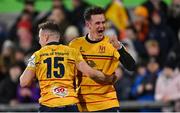 21 January 2023; Billy Burns, right, and Mike Lowry of Ulster celebrate their victory in the Heineken Champions Cup Pool B Round 4 match between Ulster and Sale Sharks at Kingspan Stadium in Belfast. Photo by Ramsey Cardy/Sportsfile