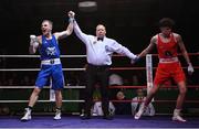 21 January 2023; Dean Walsh of St Ibars/St Josephs Boxing Club, Wexford, left, celebrates victory over Jon McConnell of Holy Trinity Boxing Club, Belfast, in their light middleweight 71kg final bout at the IABA National Elite Boxing Championships Finals at the National Boxing Stadium in Dublin. Photo by Seb Daly/Sportsfile  Photo by Seb Daly/Sportsfile