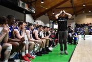 21 January 2023; University of Galway Maree head coach Charlie Crowley reacts late on in the Basketball Ireland Pat Duffy National Cup Final match between DBS Éanna and University of Galway Maree at National Basketball Arena in Tallaght, Dublin. Photo by Ben McShane/Sportsfile