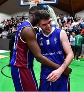 21 January 2023; Malik Thiam, left, and Eoin Rockall of University of Galway Maree celebrate after the Basketball Ireland Pat Duffy National Cup Final match between DBS Éanna and University of Galway Maree at National Basketball Arena in Tallaght, Dublin. Photo by Ben McShane/Sportsfile