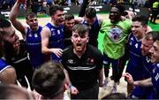 21 January 2023; University of Galway Maree head coach Charlie Crowley celebrates with his players after their victory in the Basketball Ireland Pat Duffy National Cup Final match between DBS Éanna and University of Galway Maree at National Basketball Arena in Tallaght, Dublin. Photo by Ben McShane/Sportsfile