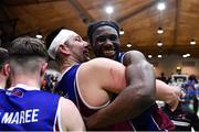 21 January 2023; Jarett Haines, right, and Zvonimir Cutuk of University of Galway Maree celebrate after the Basketball Ireland Pat Duffy National Cup Final match between DBS Éanna and University of Galway Maree at National Basketball Arena in Tallaght, Dublin. Photo by Ben McShane/Sportsfile