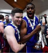 21 January 2023; Malik Thiam, right, and Rodrigo Gomez of University of Galway Maree celebrate after the Basketball Ireland Pat Duffy National Cup Final match between DBS Éanna and University of Galway Maree at National Basketball Arena in Tallaght, Dublin. Photo by Ben McShane/Sportsfile