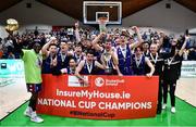 21 January 2023; University of Galway Maree players celebrate with the cup after the Basketball Ireland Pat Duffy National Cup Final match between DBS Éanna and University of Galway Maree at National Basketball Arena in Tallaght, Dublin. Photo by Ben McShane/Sportsfile