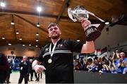 21 January 2023; University of Galway Maree head coach Charlie Crowley celebrates with the cup after the Basketball Ireland Pat Duffy National Cup Final match between DBS Éanna and University of Galway Maree at National Basketball Arena in Tallaght, Dublin. Photo by Ben McShane/Sportsfile
