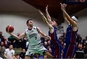 21 January 2023; Kristijan Andabaka of DBS Éanna in action against John Burke, centre, and Zvonimir Cutuk of University of Galway Maree during the Basketball Ireland Pat Duffy National Cup Final match between DBS Éanna and University of Galway Maree at National Basketball Arena in Tallaght, Dublin. Photo by Ben McShane/Sportsfile