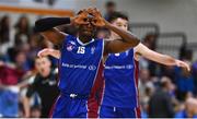 21 January 2023; Jarett Haines of University of Galway Maree celebrates after scoring a late three-pointer during the Basketball Ireland Pat Duffy National Cup Final match between DBS Éanna and University of Galway Maree at National Basketball Arena in Tallaght, Dublin. Photo by Ben McShane/Sportsfile