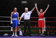 21 January 2023; Michaela Walsh of Emerald ABC, Belfast, right, celebrates victory over Kelsey Leonard of Unit 3 Boxing Club, Kildare, during their featherweight 57kg final bout at the IABA National Elite Boxing Championships Finals at the National Boxing Stadium in Dublin. Photo by Seb Daly/Sportsfile