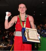 21 January 2023; Michaela Walsh of Emerald ABC, Belfast, right, celebrates with her trophy after victory over Kelsey Leonard of Unit 3 Boxing Club, Kildare, during their featherweight 57kg final bout at the IABA National Elite Boxing Championships Finals at the National Boxing Stadium in Dublin. Photo by Seb Daly/Sportsfile