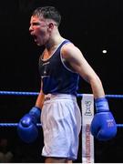 21 January 2023; Sean Mari of Monkstown, Dublin, and Defence Forces Boxing Clubs, celebrates after his victory over Clepson dos Santos of Holy Trinity Boxing Club, Belfast in their flyweight 51kg final bout at the IABA National Elite Boxing Championships Finals at the National Boxing Stadium in Dublin. Photo by Seb Daly/Sportsfile