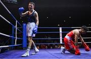 21 January 2023; Sean Mari of Monkstown, Dublin, and Defence Forces Boxing Clubs, celebrates after his victory over Clepson dos Santos of Holy Trinity Boxing Club, Belfast in their flyweight 51kg final bout at the IABA National Elite Boxing Championships Finals at the National Boxing Stadium in Dublin. Photo by Seb Daly/Sportsfile