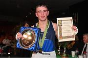 21 January 2023; Sean Mari of Monkstown, Dublin, and Defence Forces Boxing Clubs, with his trophy after his victory over Clepson dos Santos of Holy Trinity Boxing Club, Belfast in their flyweight 51kg final bout at the IABA National Elite Boxing Championships Finals at the National Boxing Stadium in Dublin. Photo by Seb Daly/Sportsfile