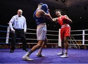 21 January 2023; Clepson dos Santos of Holy Trinity Boxing Club, Belfast, right, and Sean Mari of Monkstown, Dublin, and Defence Forces Boxing Clubs, during their flyweight 51kg final bout at the IABA National Elite Boxing Championships Finals at the National Boxing Stadium in Dublin. Photo by Seb Daly/Sportsfile