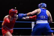 21 January 2023; Amy Broadhurst of St Bronagh's ABC, Louth, left, and Grainne Walsh of Spartacus Boxing Club, Offaly, during their welterweight 66kg final bout at the IABA National Elite Boxing Championships Finals at the National Boxing Stadium in Dublin. Photo by Seb Daly/Sportsfile