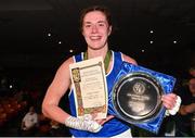 21 January 2023; Grainne Walsh of Spartacus Boxing Club, Offaly, with her trophy after her victory to Amy Broadhurst of St Bronagh's ABC, after their welterweight 66kg final bout at the IABA National Elite Boxing Championships Finals at the National Boxing Stadium in Dublin. Photo by Seb Daly/Sportsfile