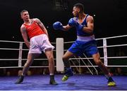 21 January 2023; Jason Clancy of Sean McDermott Boxing Club, Leitrim, left, and Keelyn Cassidy of Saviours Crystal Boxing Club, Waterford, during their light heavyweight 80kg final bout at the IABA National Elite Boxing Championships Finals at the National Boxing Stadium in Dublin. Photo by Seb Daly/Sportsfile