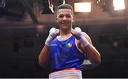 21 January 2023; Keelyn Cassidy of Saviours Crystal Boxing Club, Waterford, celebrates after his victory to Jason Clancy of Sean McDermott Boxing Club, Leitrim, after their light heavyweight 80kg final bout at the IABA National Elite Boxing Championships Finals at the National Boxing Stadium in Dublin. Photo by Seb Daly/Sportsfile