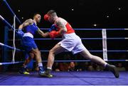 21 January 2023; Jason Clancy of Sean McDermott Boxing Club, Leitrim, right, and Keelyn Cassidy of Saviours Crystal Boxing Club, Waterford, during their light heavyweight 80kg final bout at the IABA National Elite Boxing Championships Finals at the National Boxing Stadium in Dublin. Photo by Seb Daly/Sportsfile