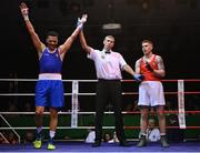 21 January 2023; Keelyn Cassidy of Saviours Crystal Boxing Club, Waterford, celebrates after his victory to Jason Clancy of Sean McDermott Boxing Club, Leitrim, after their light heavyweight 80kg final bout at the IABA National Elite Boxing Championships Finals at the National Boxing Stadium in Dublin. Photo by Seb Daly/Sportsfile