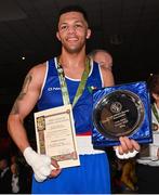 21 January 2023; Keelyn Cassidy of Saviours Crystal Boxing Club, Waterford, with his trophy after his victory to Jason Clancy of Sean McDermott Boxing Club, Leitrim, in their light heavyweight 80kg final bout at the IABA National Elite Boxing Championships Finals at the National Boxing Stadium in Dublin. Photo by Seb Daly/Sportsfile